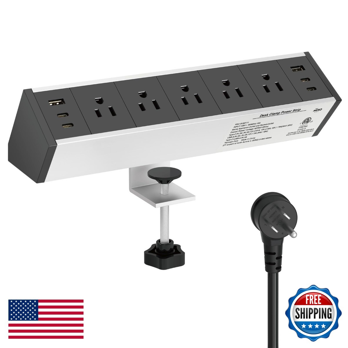 Tecmojo Desk Clamp Power Strip 5 Outlet 2 USB-A 4 USB-C 6ft Cord Fit 1.6″ Black