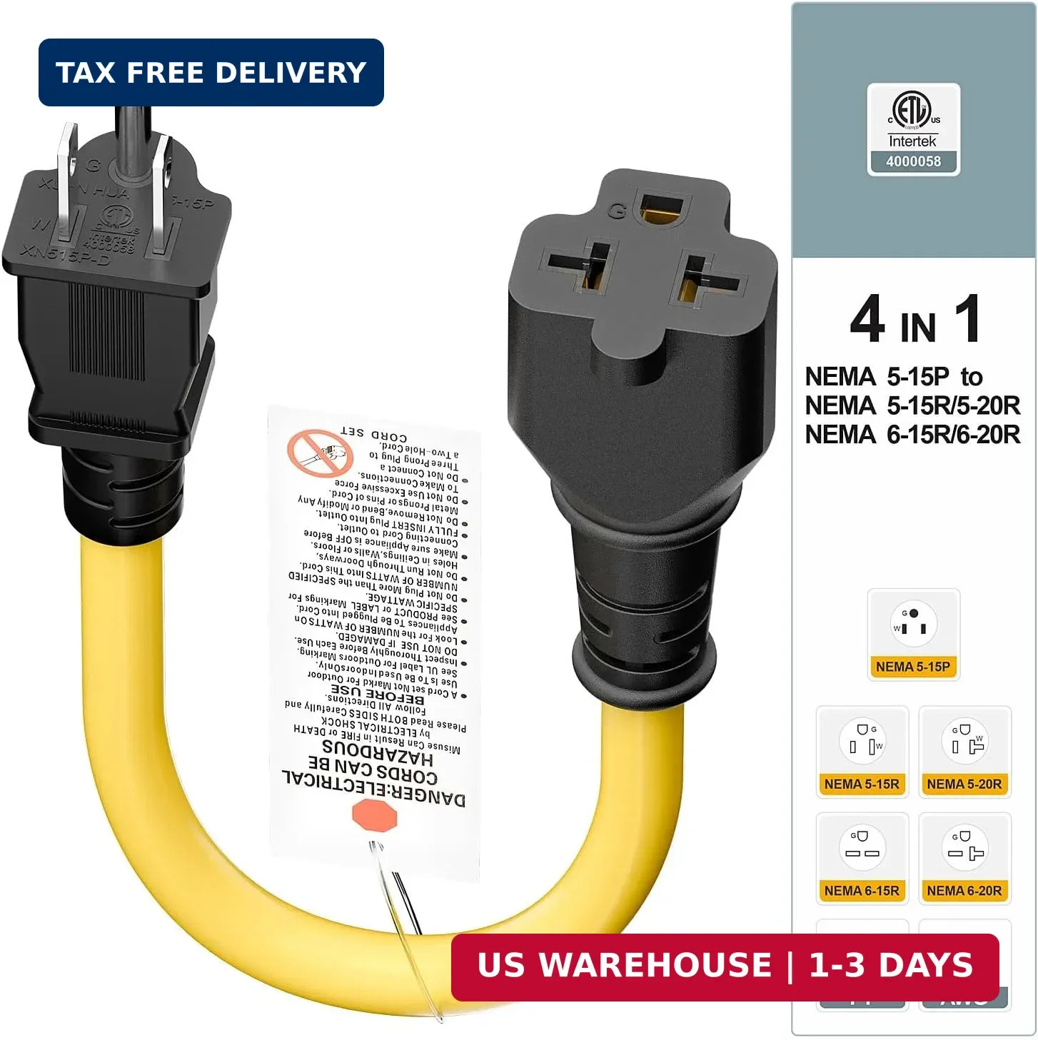 [4-in-1] 12AWG 15 Amp Household AC Plug to 20 Amp T Blade Adapter Cable, NEMA 5-