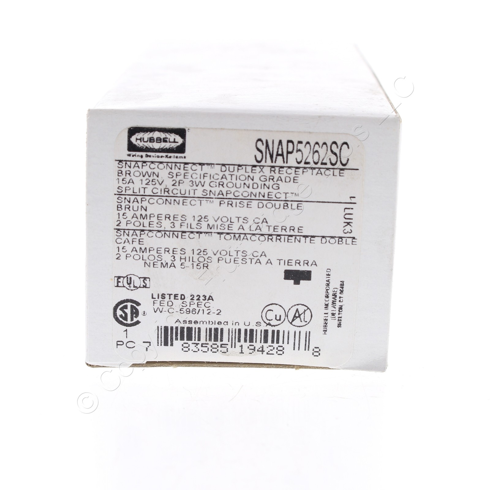 Hubbell SNAP5262SC Brown 15A SnapConnect Duplex Outlet Receptacle Split Circuit