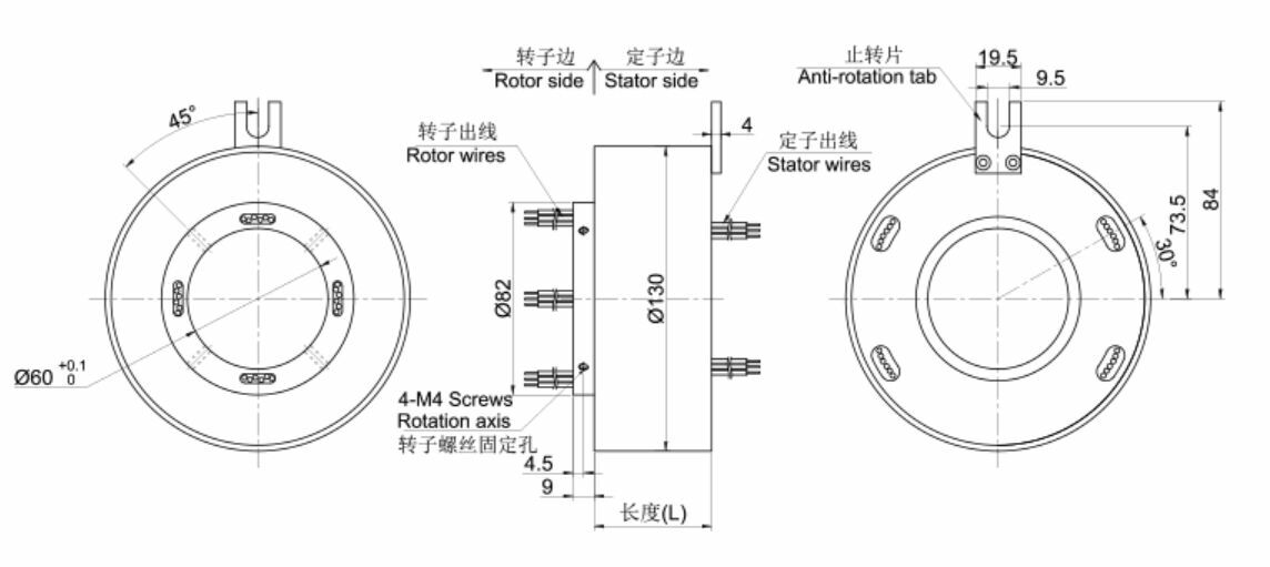 Hollow Shaft Slip Ring Through Hole Dia.60mm 6 wires/10A Conductive Slip Ring