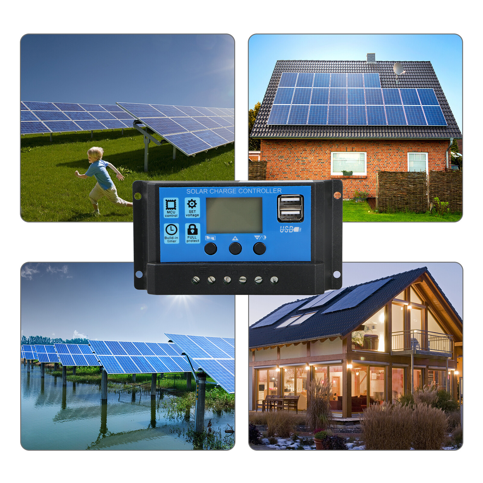 PWM 30A Solar Charge Controller 12V 24V LCD Display Dual USB Panel Charger Home