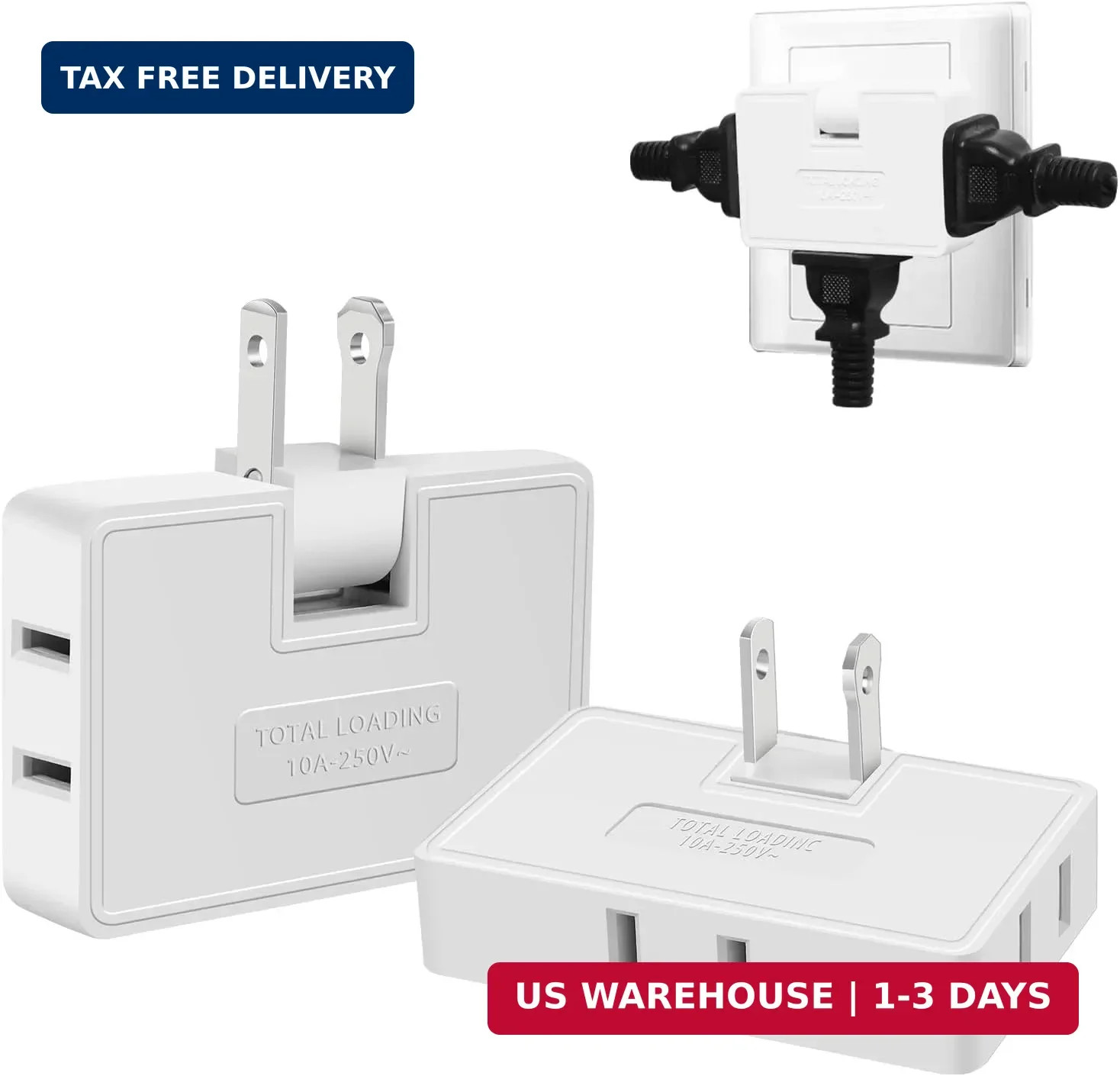 2 Pack 3 Way Flat Wall Outlet Extender Adapter- 180 Degrees Rotatable Flat Plug