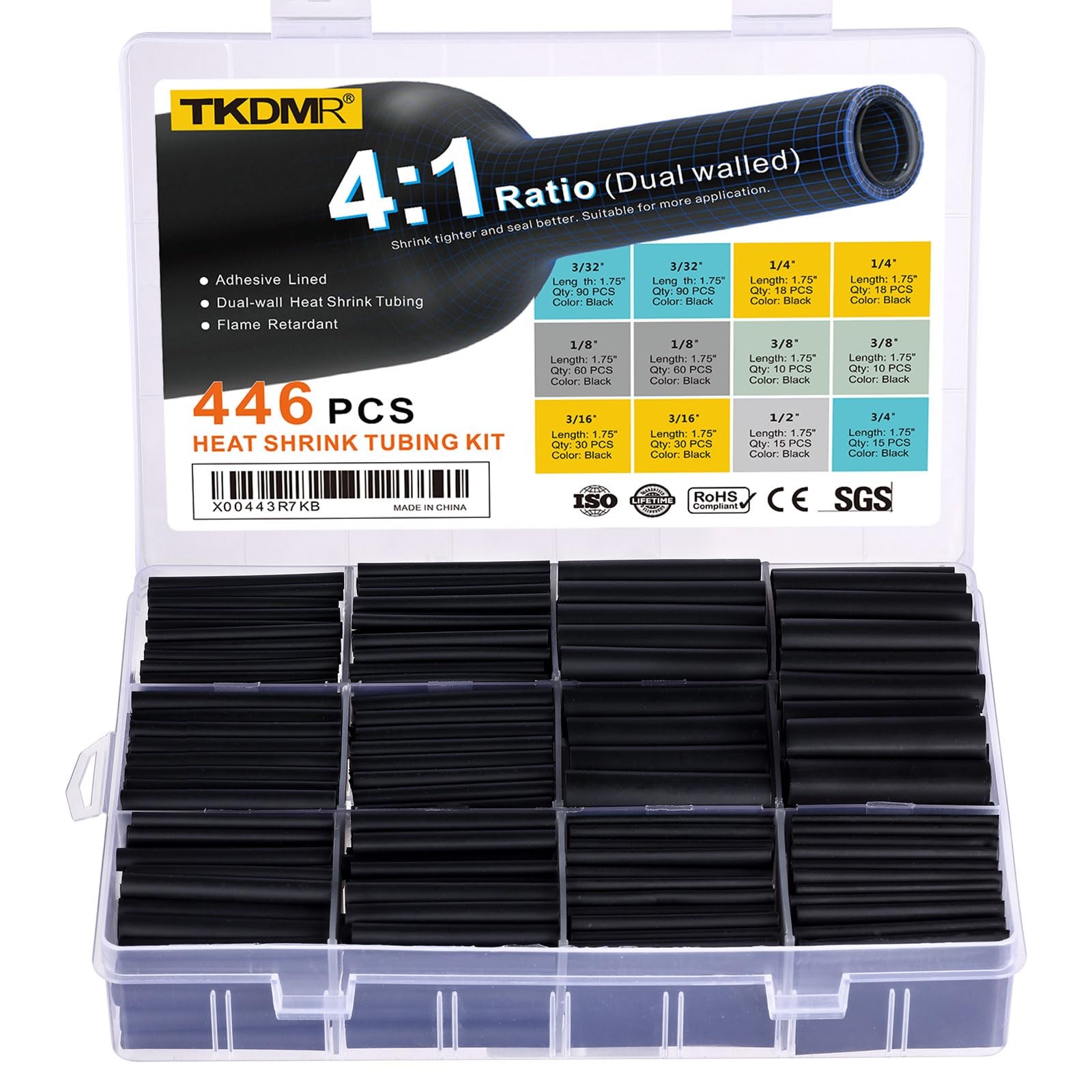 TKDMR 446 Pcs Heat Shrink Tubing Kit – 4:1 Ratio Adhesive Lined, 1.75″ Length