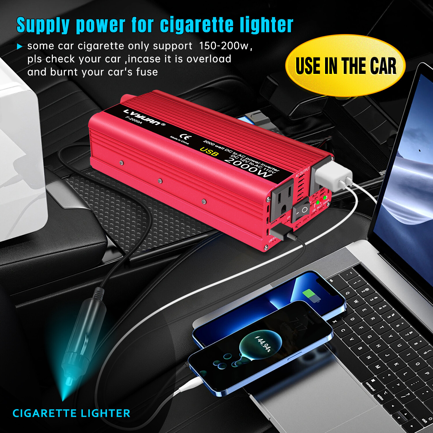1000W / 2000W Peak Power Inverter 12V DC to 110V AC Converter with Battery Clamp