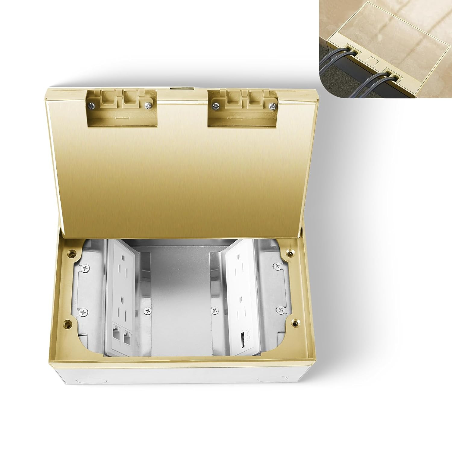 Recessed Flat Hidden Socket Kit with USB & RJ45 Ports, Brass Hardware