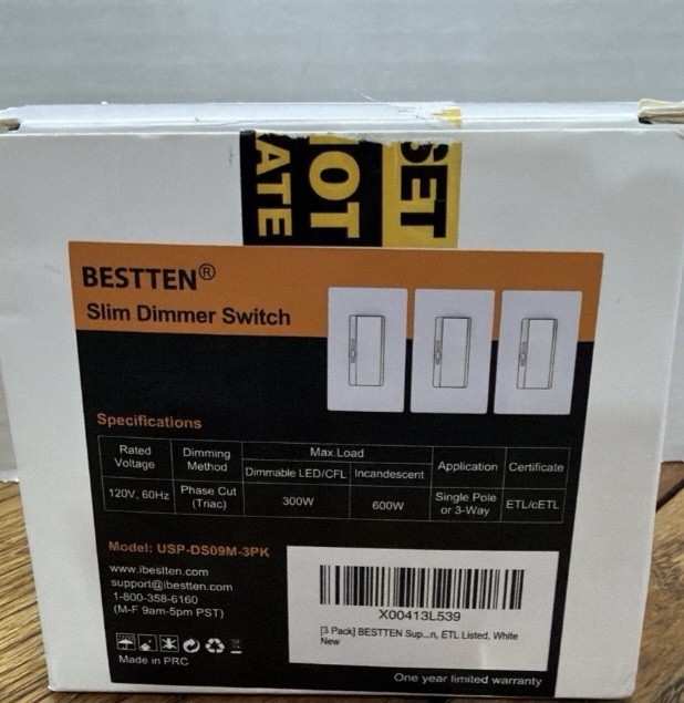 BESTTEN Dimmer Switch 3 Pack LED/Halogen/Incandescent Single-Pole or 3-Way NEW