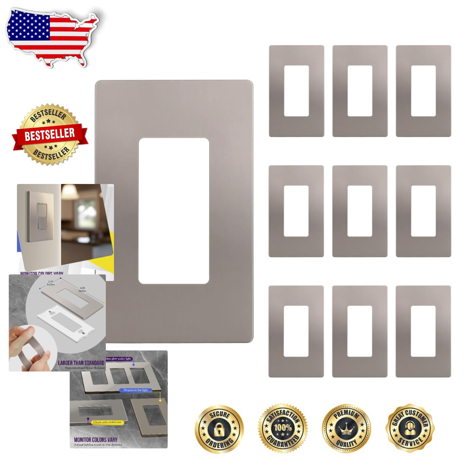 Child Safe Decorator Wall Plates – Glossy Nickel, 10-Pc, Heat/Fade Resistant