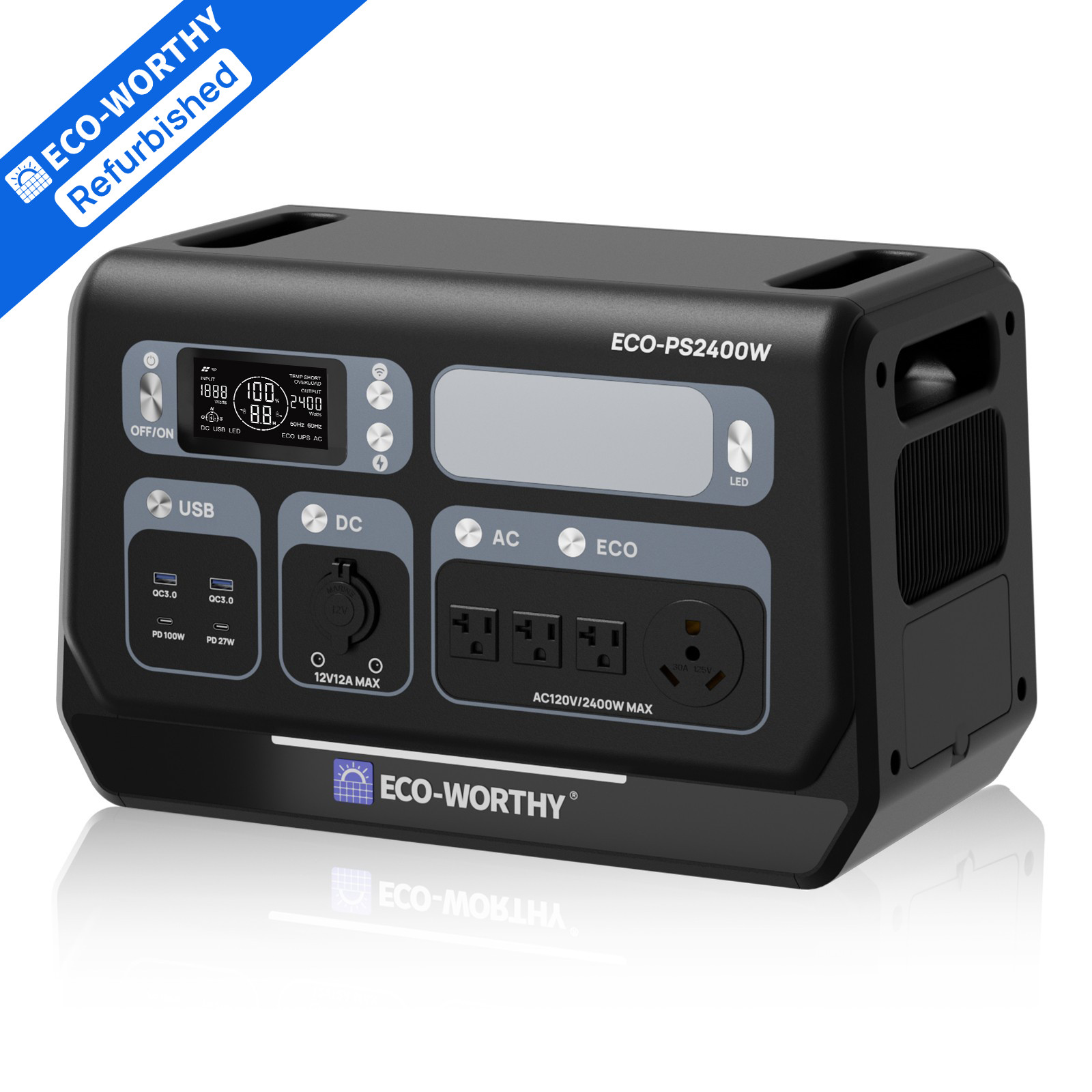 ECO-WORTHY 2400W Power Station 1.2h fast charge 10+ ports UPS WiFi Bluetooth