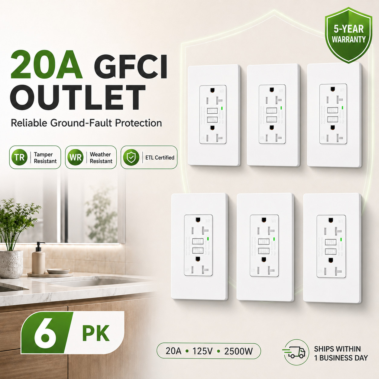 20 Amp GFCI Outlet with LED Indicator TR WR Receptacle for Indoor Outdoor 6PK