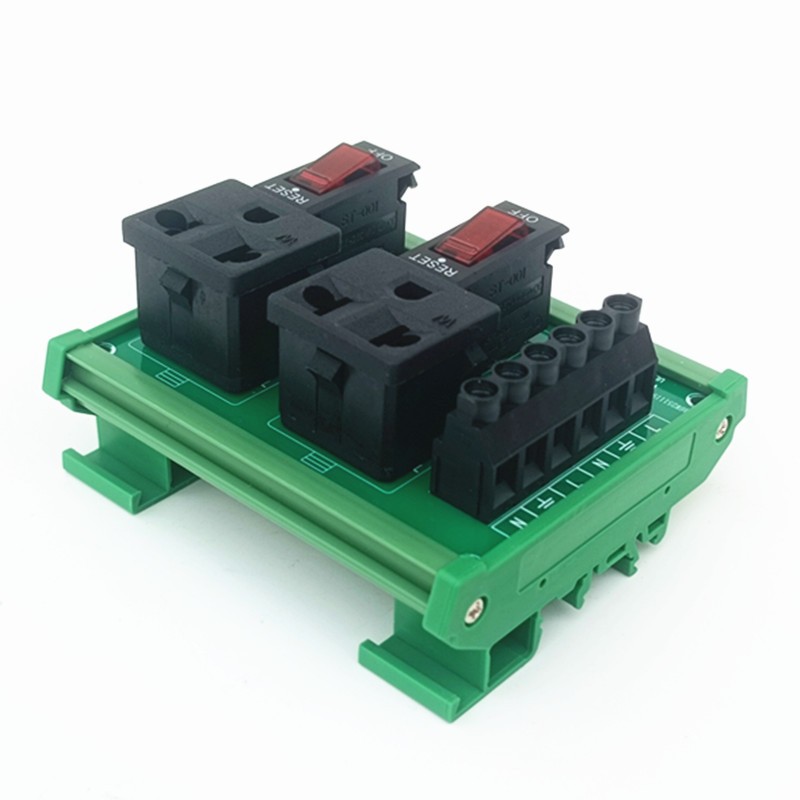 DIN Rail Mount AC 125V TWO Receptacle Outlet Power Module With Circuit Breaker.