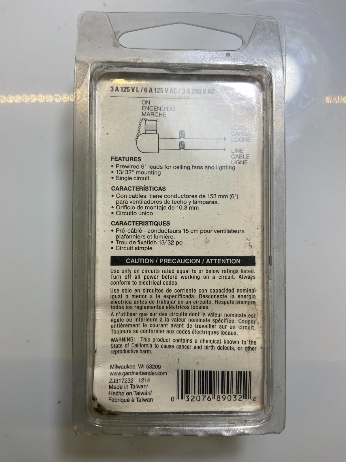 Pull Chain Switch SPST For Fans & Lights On-Off 6-Amps 125-Volts NEW-IN-PACKAGE