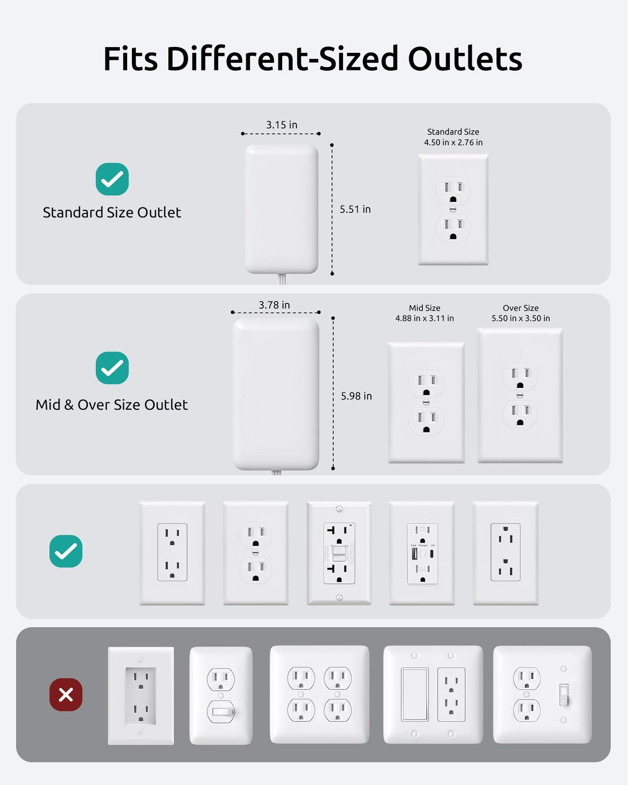 3Ft Flat Extension Cord with 3 Outlets, Flat Wall Plug & Flush Outlet Cover, 900