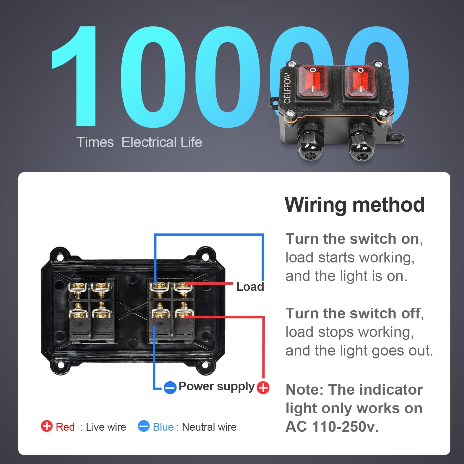 Waterproof On Off Toggle Switch Double Switch/outlet With Red Light Rocker Butto