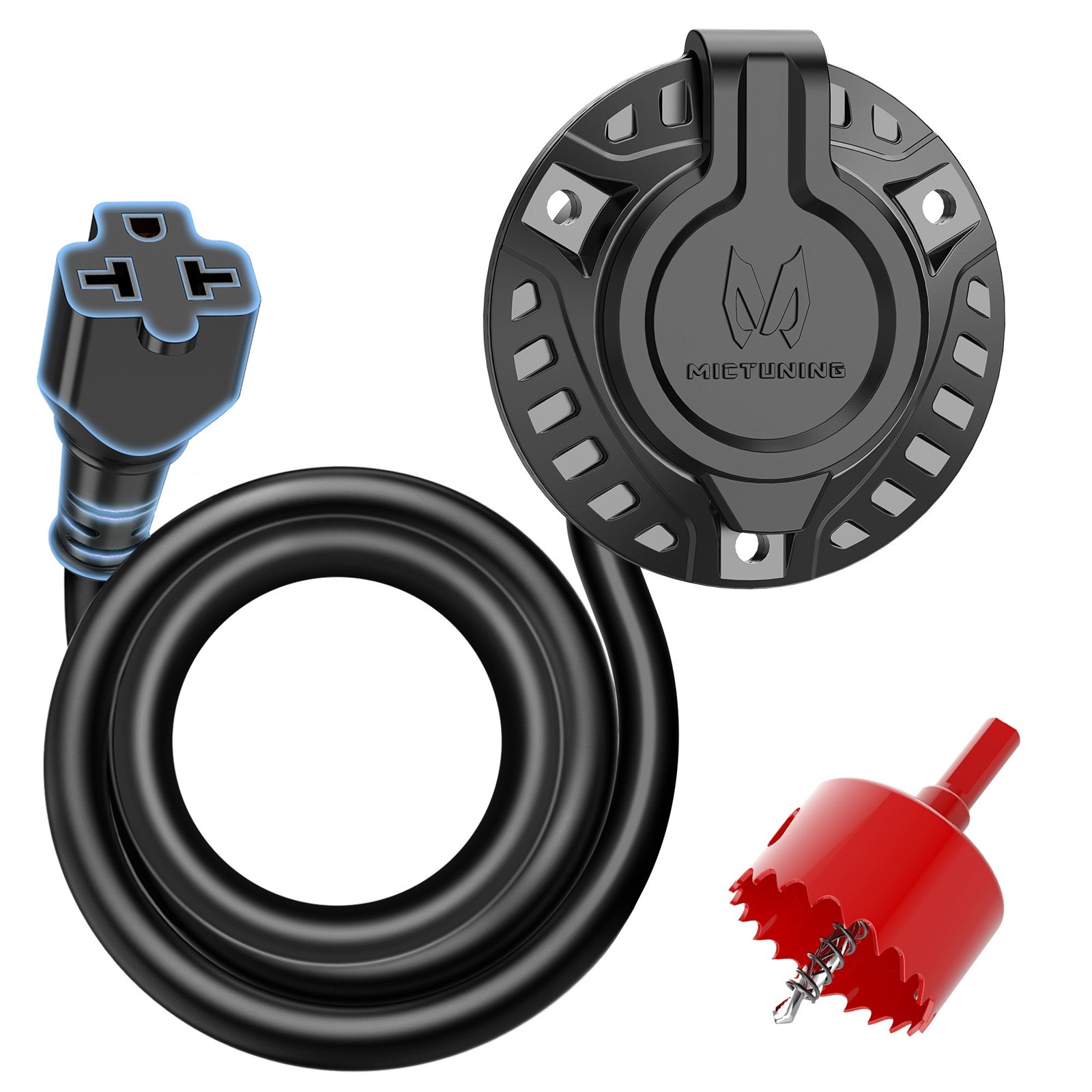 MICTUNING 20A AC Port Plug T-Blade Adapter RV Power Inlet Socket Cord w/Hole Saw