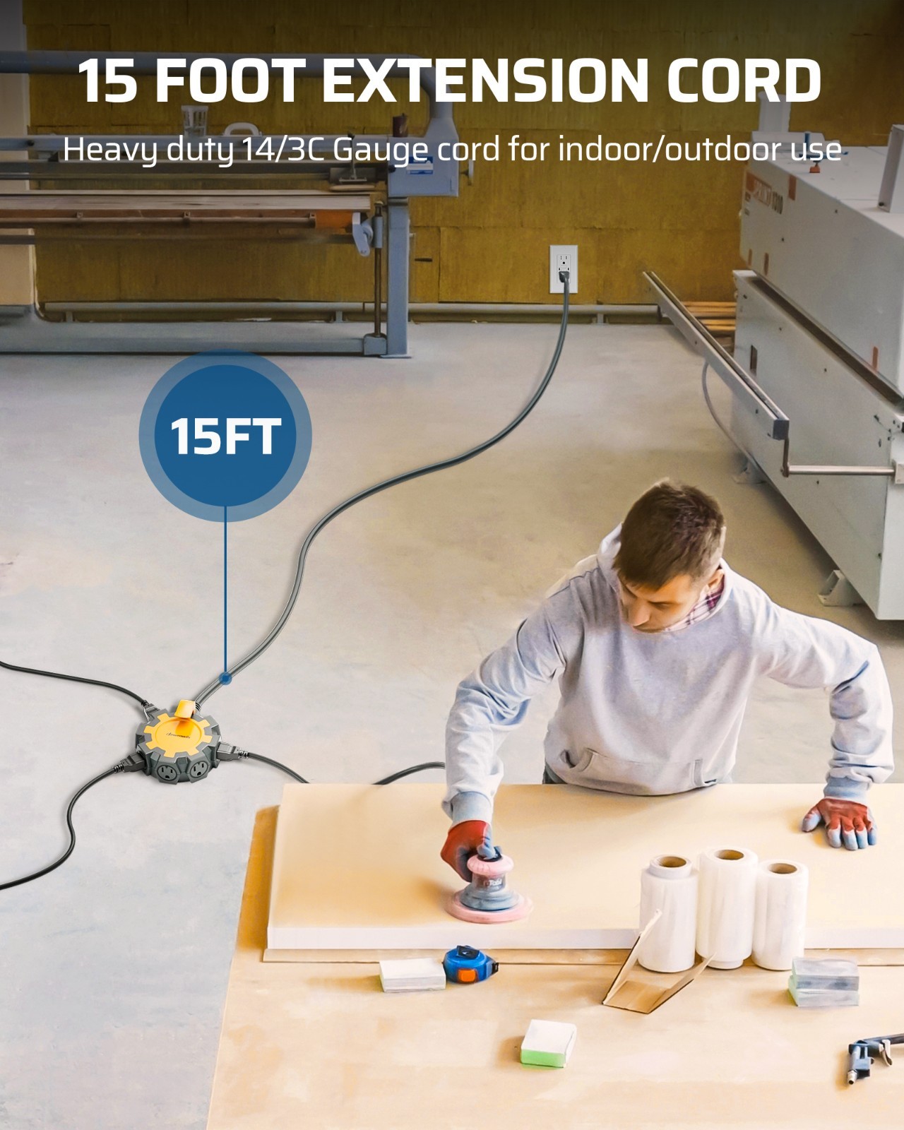 DEWENWILS 15FT Garage Extension Cord, 6-Outlet Circular Hub, Hook Design