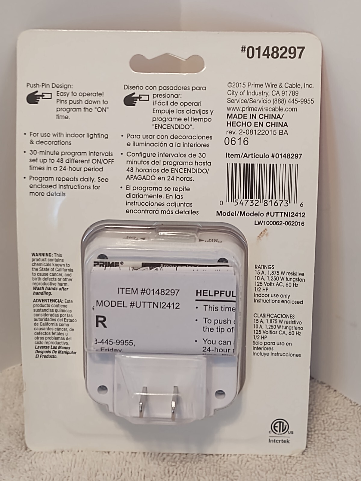 Prime 24-Hour Timer Indoor Energy Saving 1 outlet Easy to Use 125 volts New