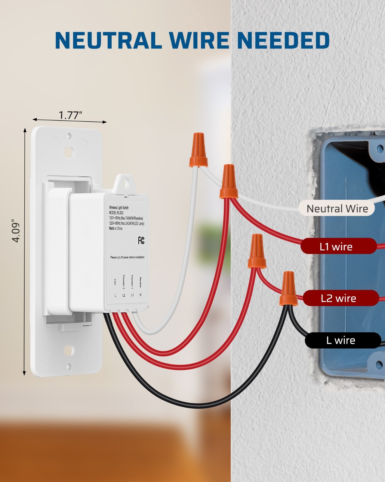 DEWENEILS 3 Way Wireless Light Switch,125V Wireless Light Switch and Receiver