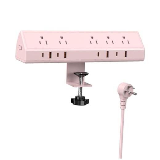 Desk Clamp Power Strip USB C 65W,Surge Protector,| Surge Protector,5 6 FT Pink