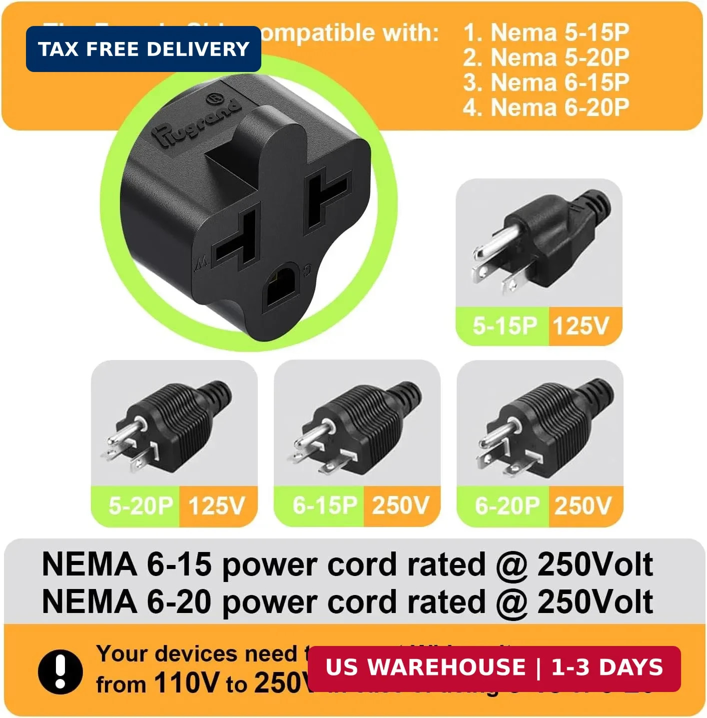 [4-in-1] 15 Amp Household AC Plug to 20 Amp T Blade Adapter, 5-15P to 5-15R/ 5-2