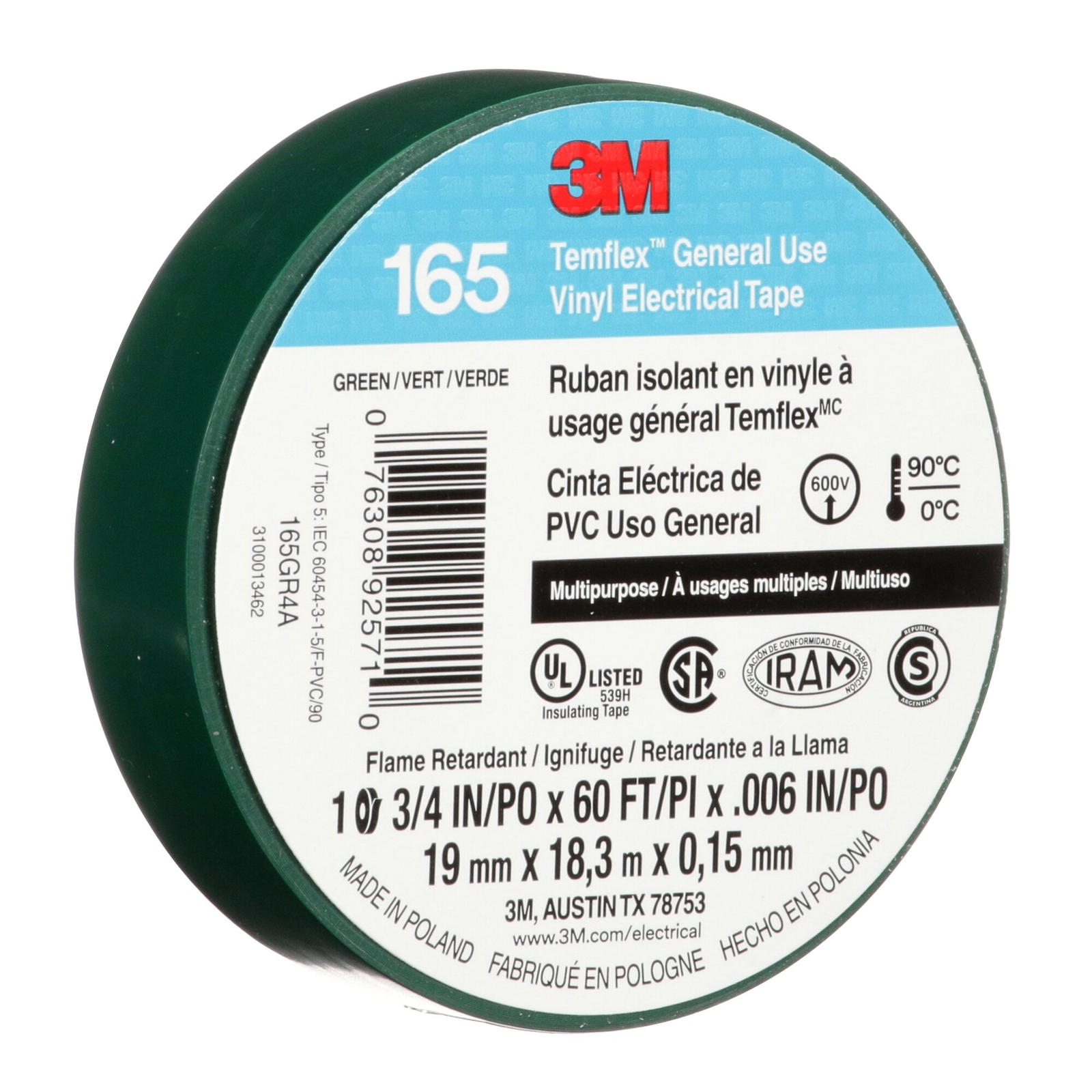 3M Temflex Vinyl Electrical Tape 165, Green, 3/4 in x 60 ft (19 mm x 18 m)