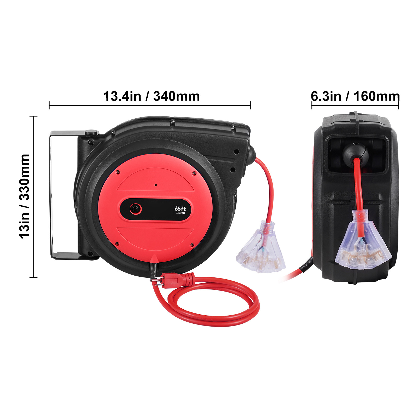 VEVOR Retractable Extension Cord Reel Power Cord Reel 65FT 12AWG/3C SJTOW