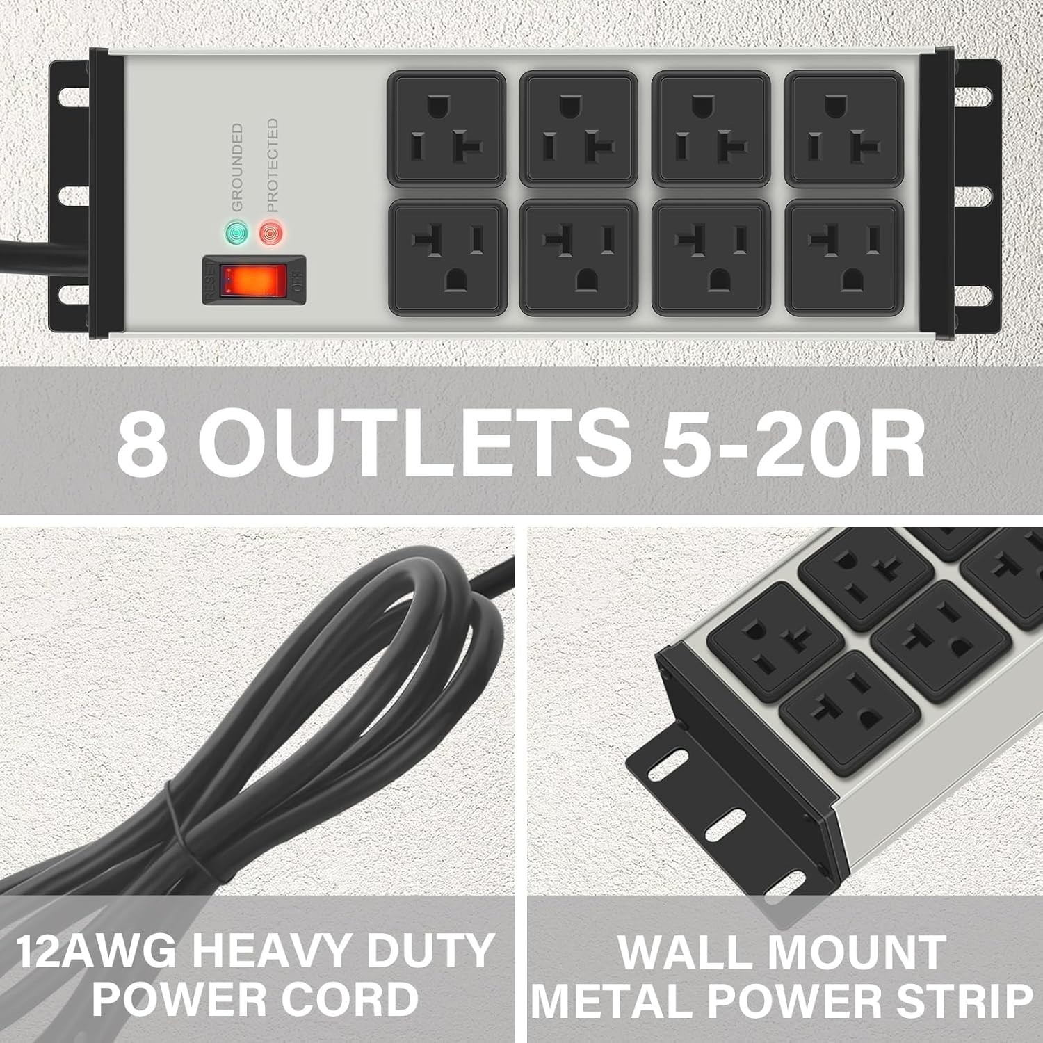 10FT Heavy Duty Power Strip with 8 Outlets & Grounding – Enhance Power Safety