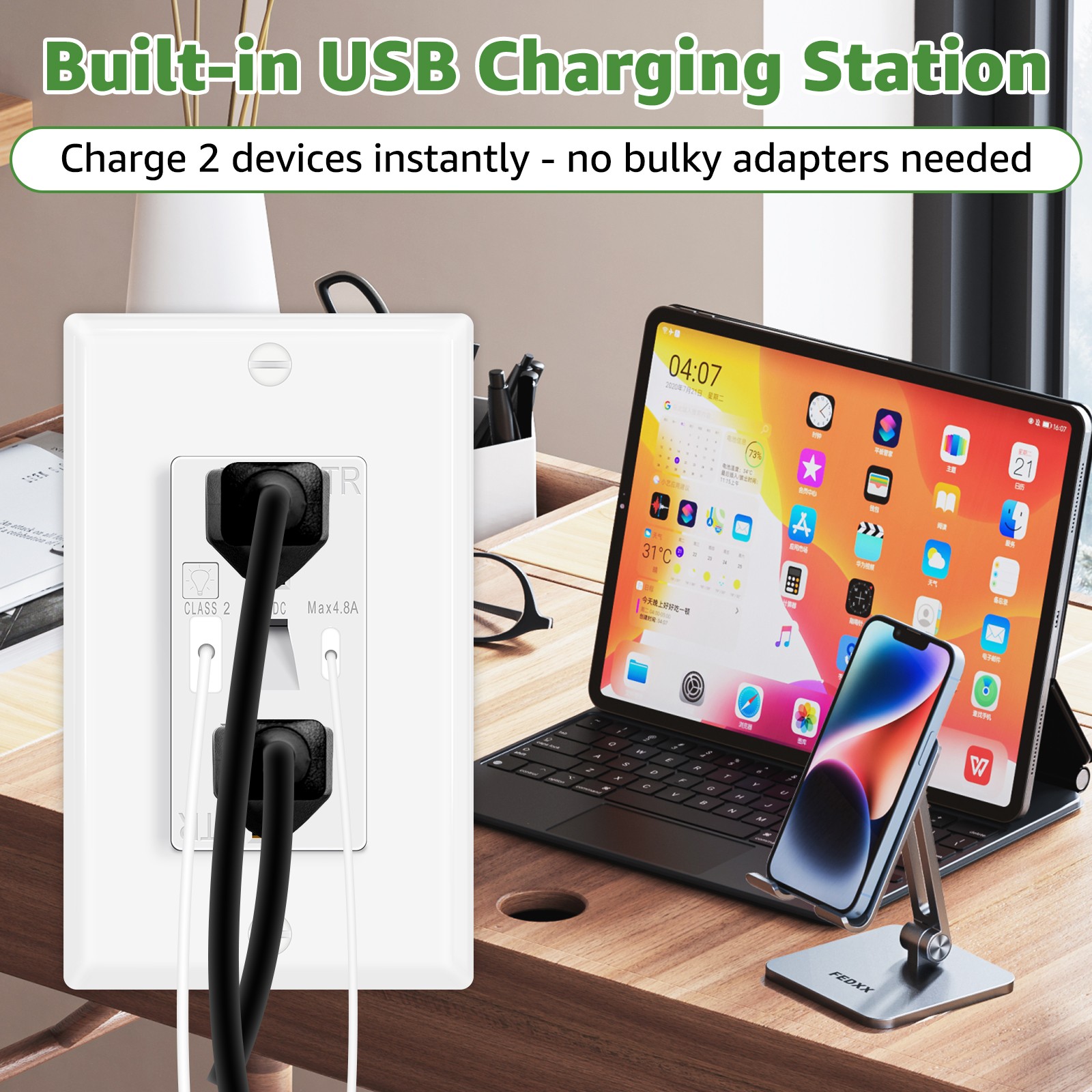 2PK USB Outlets with Night Lights USB A/C 24W Fast Charging 4.8A On/Off