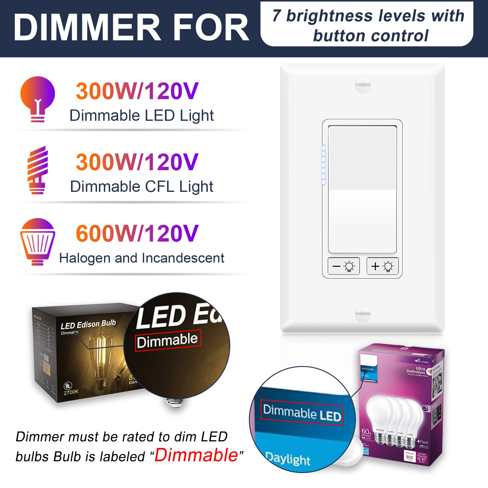 Decora Dimmer Light Switch Single Pole / 3-Way – LED / 600W Incandescent 6Pack