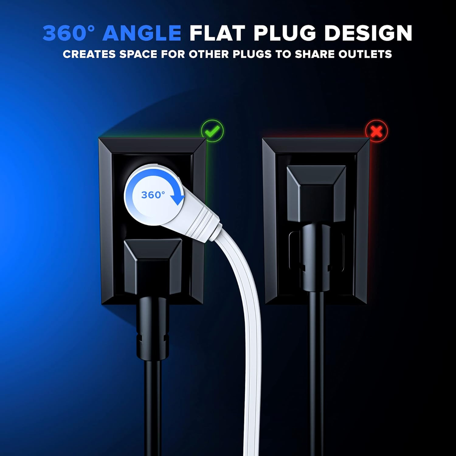 Cable 15 Ft 360° Rotating Flat Plug Extension Cord/Wire, 16 AWG Multi 3 Outlet E