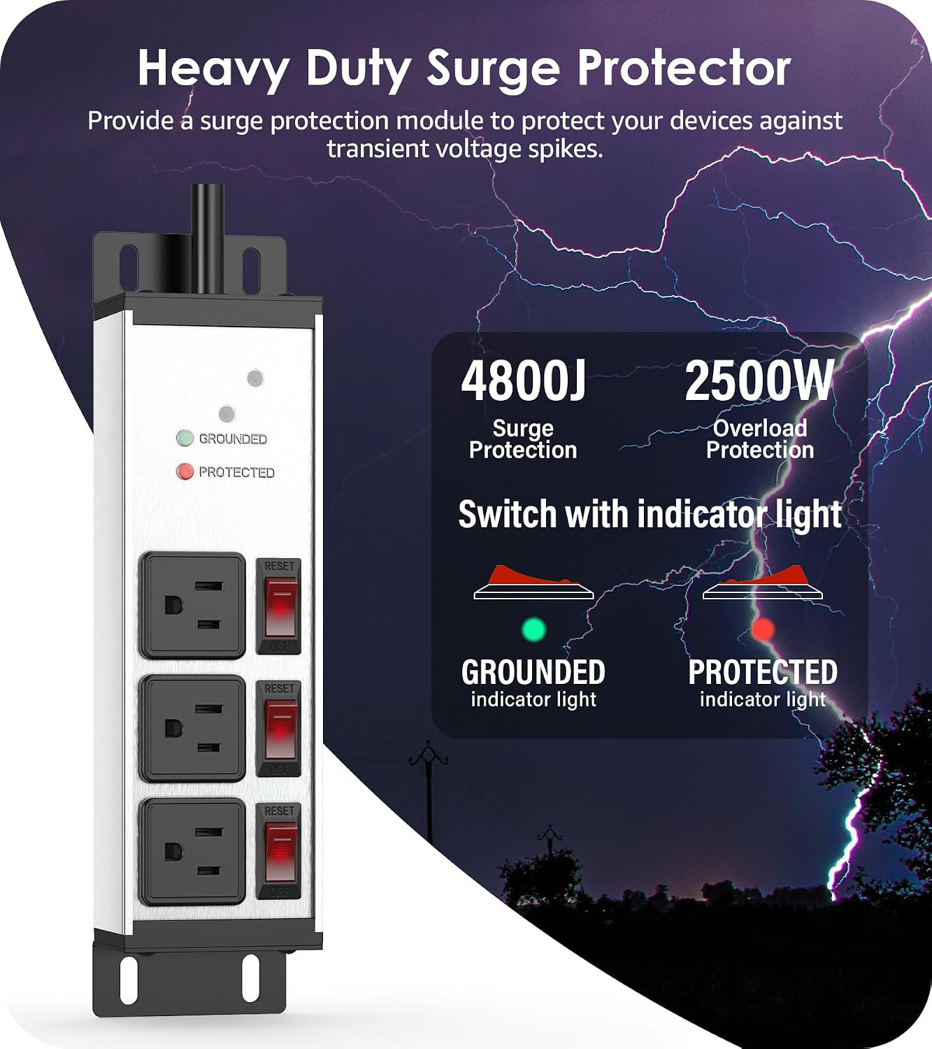 CCCEI 3 Outlets Heavy Duty Surge Protector, 12 Gauge, Silver, 6FT, 1 | 20 Amp In
