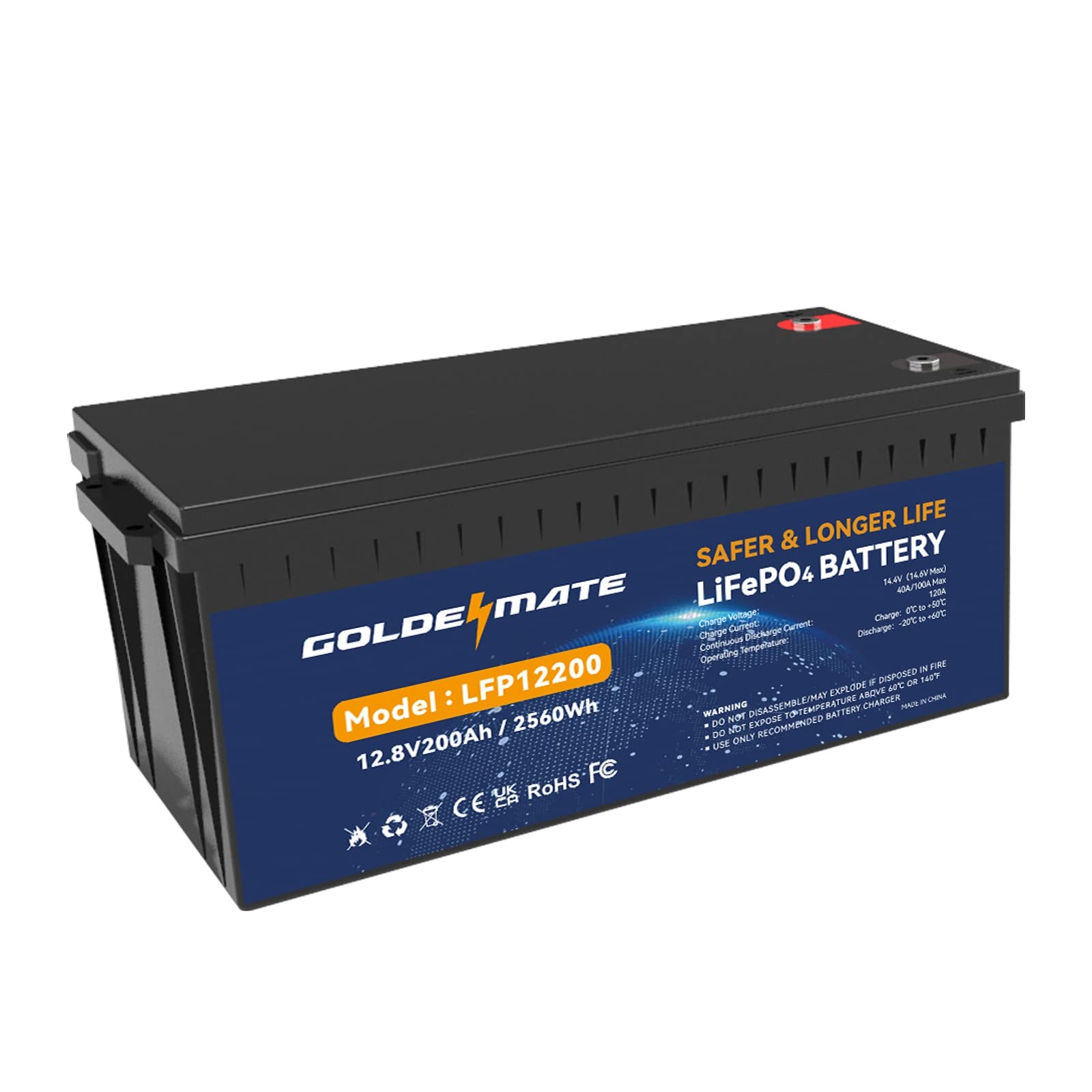 Goldenmate 12V 200Ah LiFePO4 Deep Cycle Battery with BMS for Solar RV Home Backu