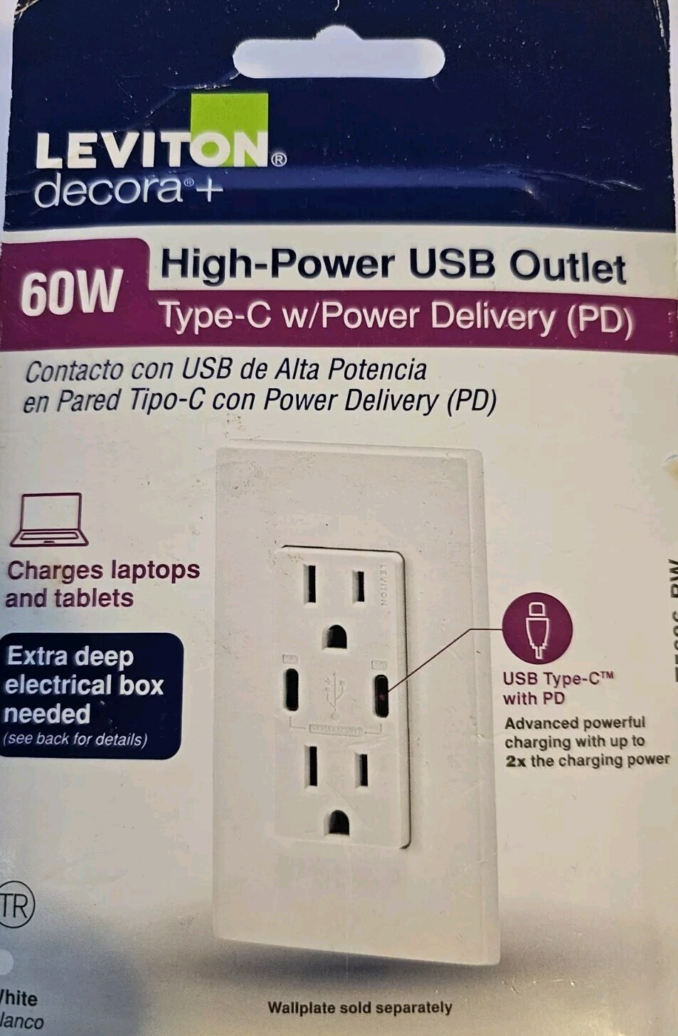 Leviton Decora 15 Amp Tamper Resistant Duplex Outlet with 60W USB-C Power Delive