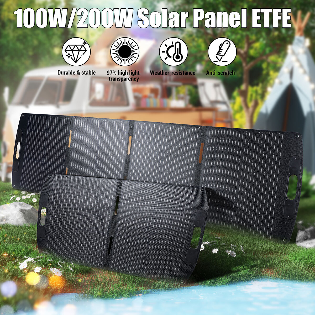 200W Portable Solar Panel, 22V Foldable Solar Panel IP65 Waterproof, Upgraded