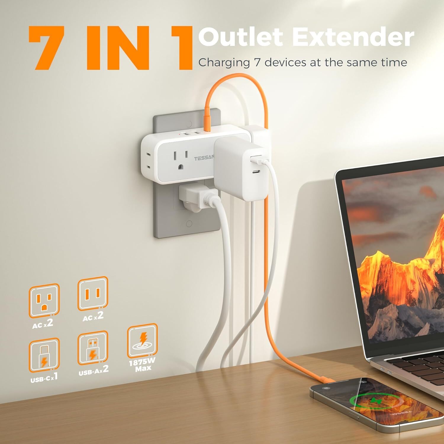 Surge Protector Wall Expander with 4 Outlets 3 USB Port(1 USB C) for Home Office