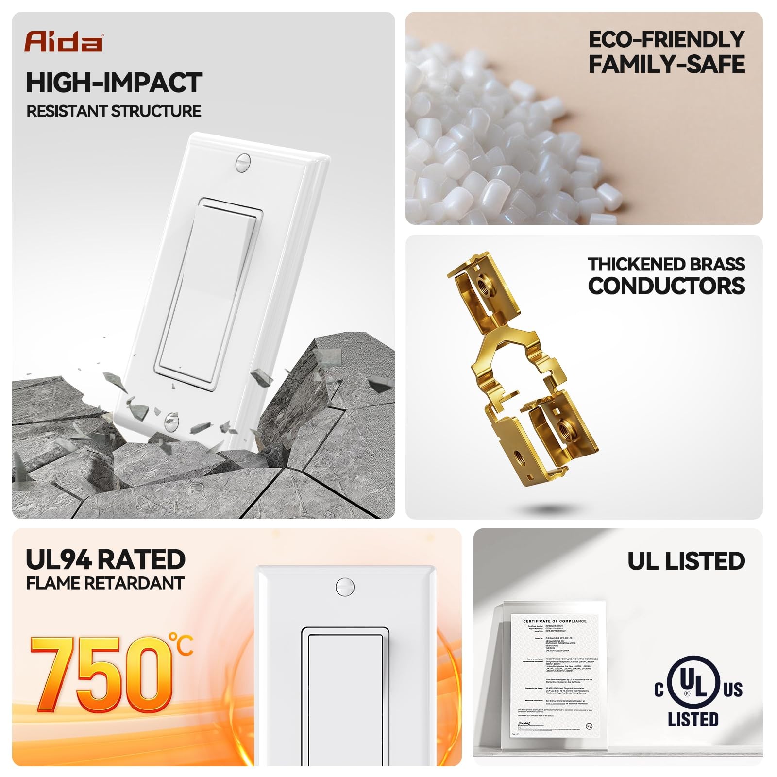 AIDA 3 Way Decorative Light Switch, 15Amp, 120/277 3 Glossy White