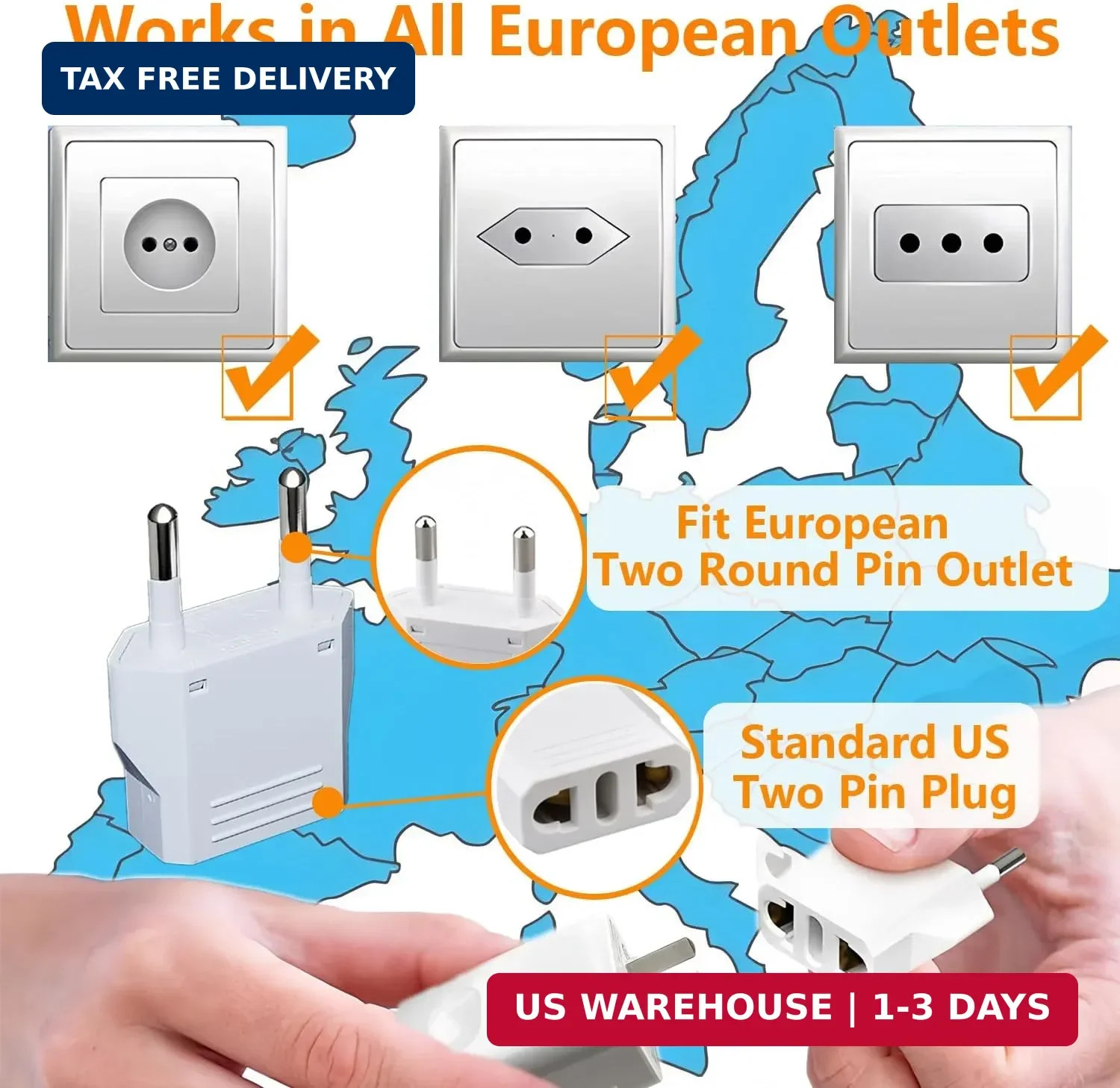 8 Pack European Travel Plug Adapter, US to Europe Plug Adapter, Type C Wall O…
