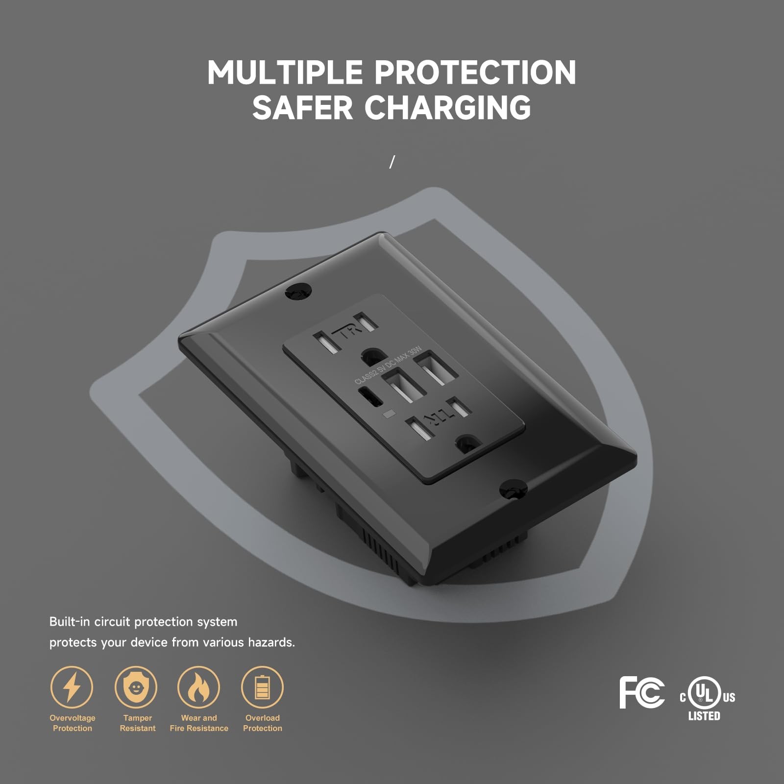 USB Outlet, 15 Amp TR Receptacle Plug with USB C Wall Charger, 30W 6.0A Charging