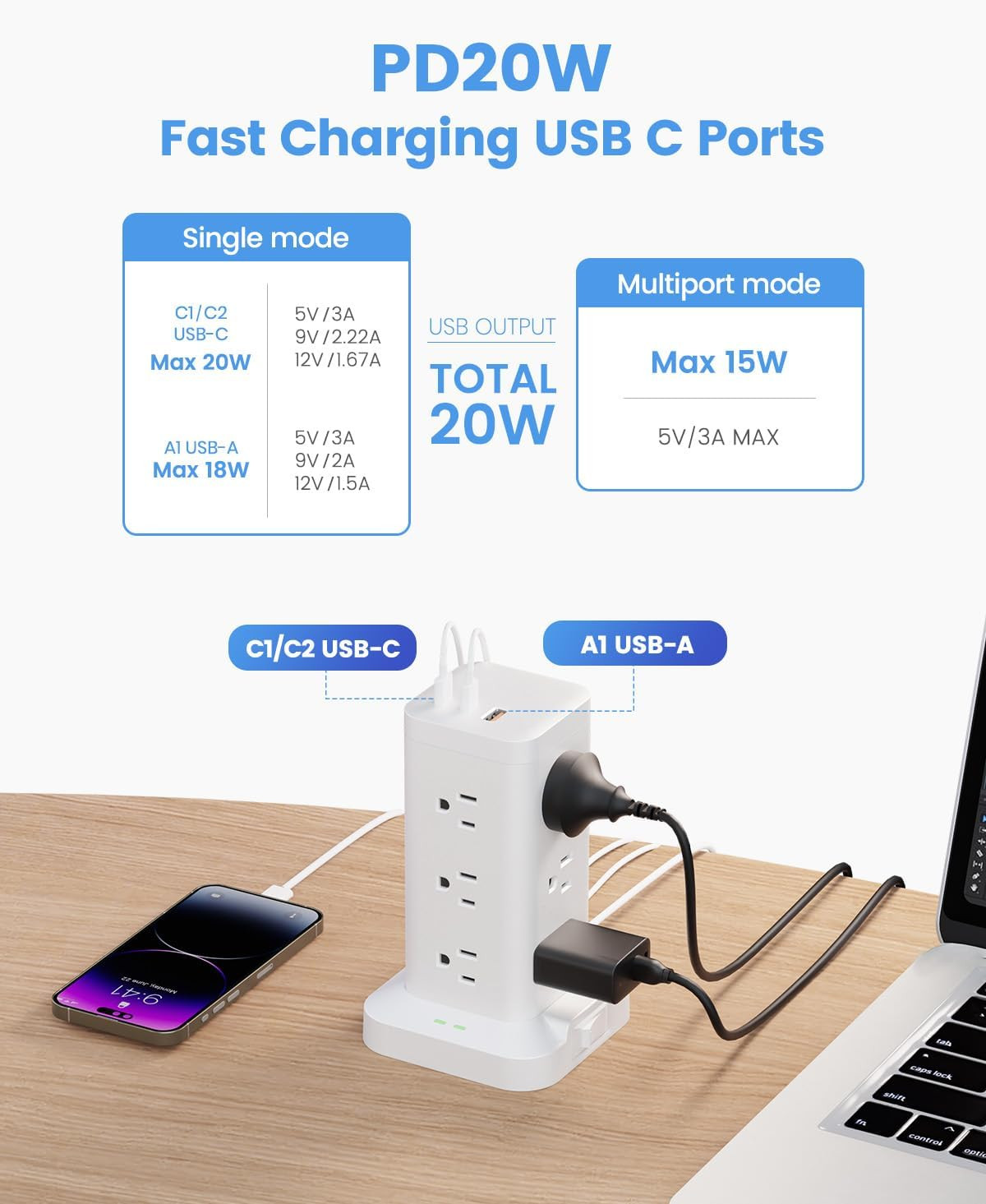 15-In-1 Power Strip Tower with Surge Protector 1800J, Fast Charging Tower PD20W