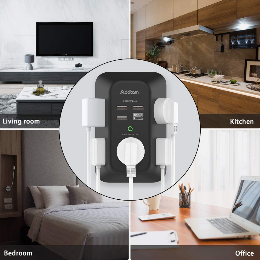 5-Outlet Surge Protector with 4 USB Ports (1 USB-C) – 1800J Power Strip