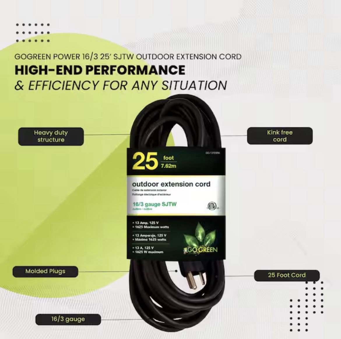GoGreen Power 25 ft. 16/3 Heavy Duty Extension Cord – Black