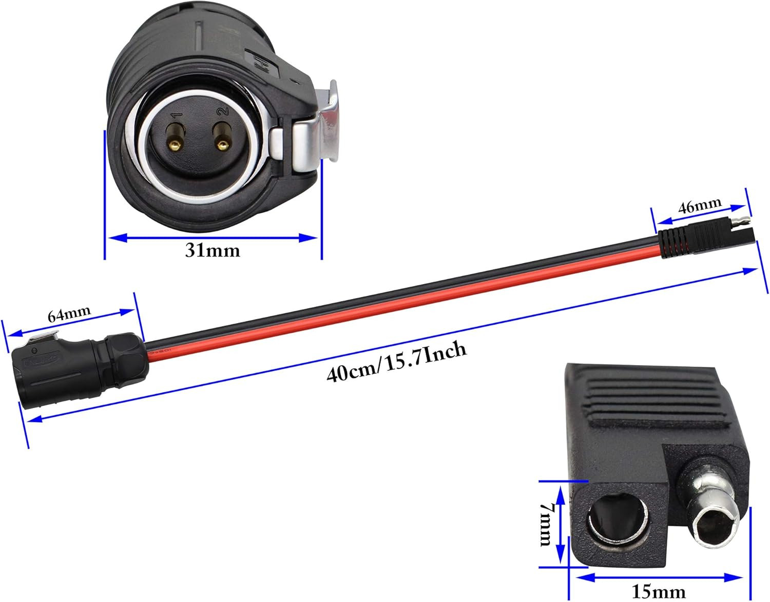 2 Pin Power Industrial Circular Connector to SAE Cable for Solar Panel Suitcase