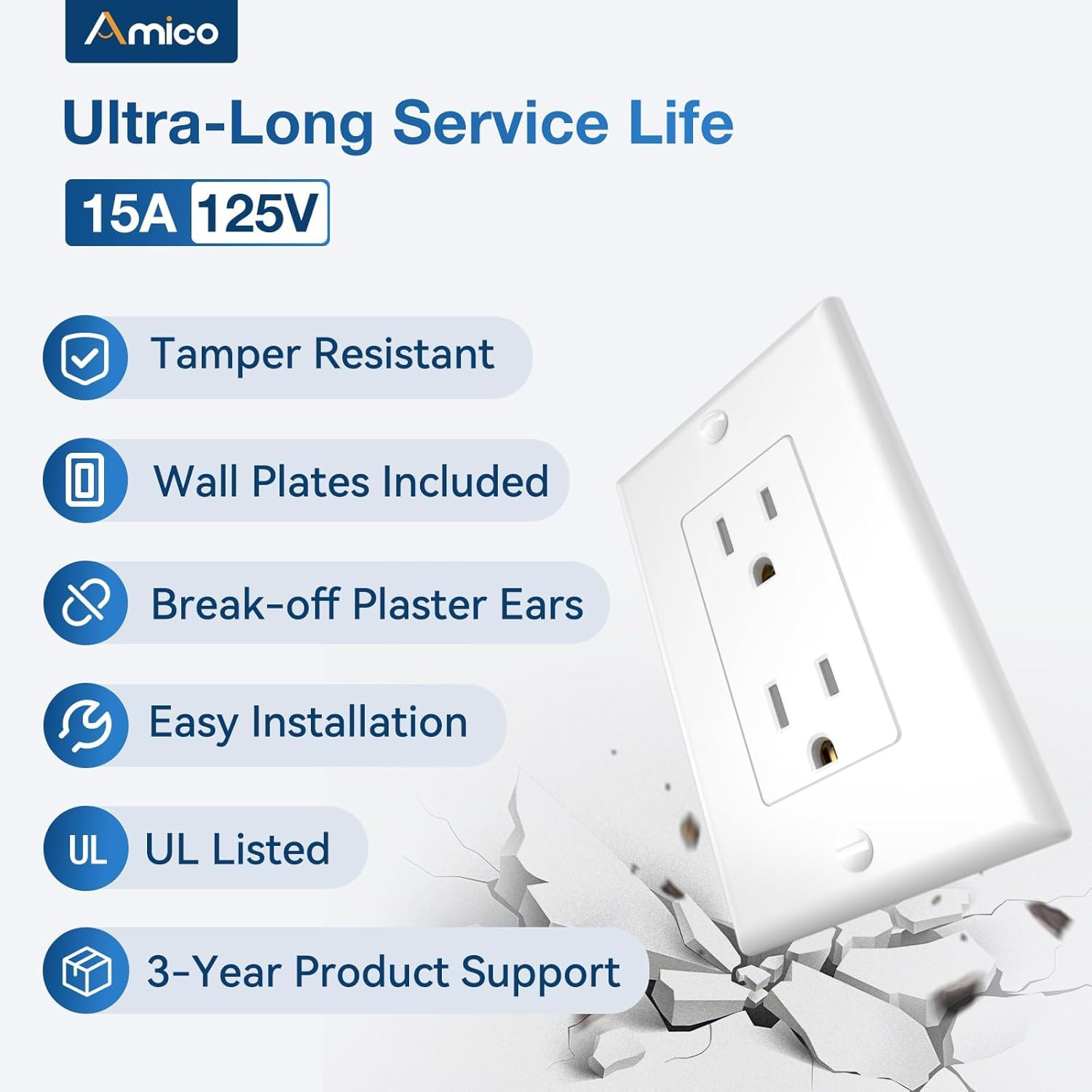 50 Pack Wall Outlet, 15 Amp Outlets, UL Listed, Tamper Resistant Standard Electr
