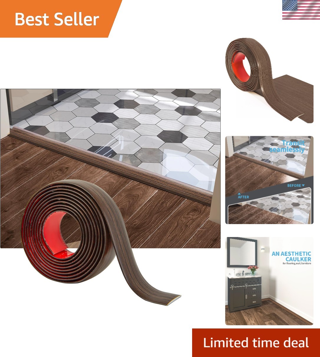 4 FT Self-Adhesive Vinyl Floor Transition Strip – Elegant Gap Covering Solution