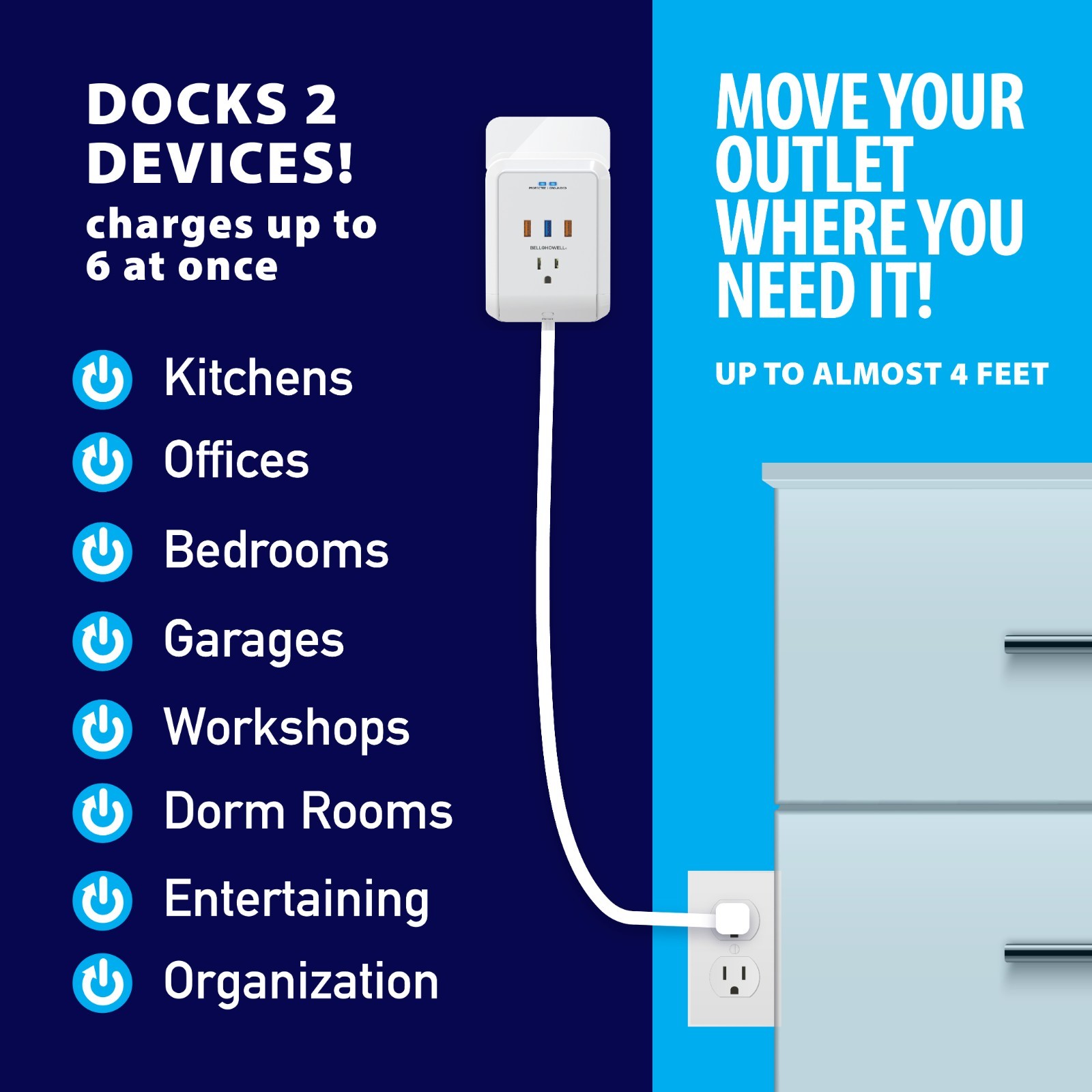 Bell + Howell Power Pro Outlet Extender–3 AC Outlets,3 USB Ports,4 ft Ext. cord
