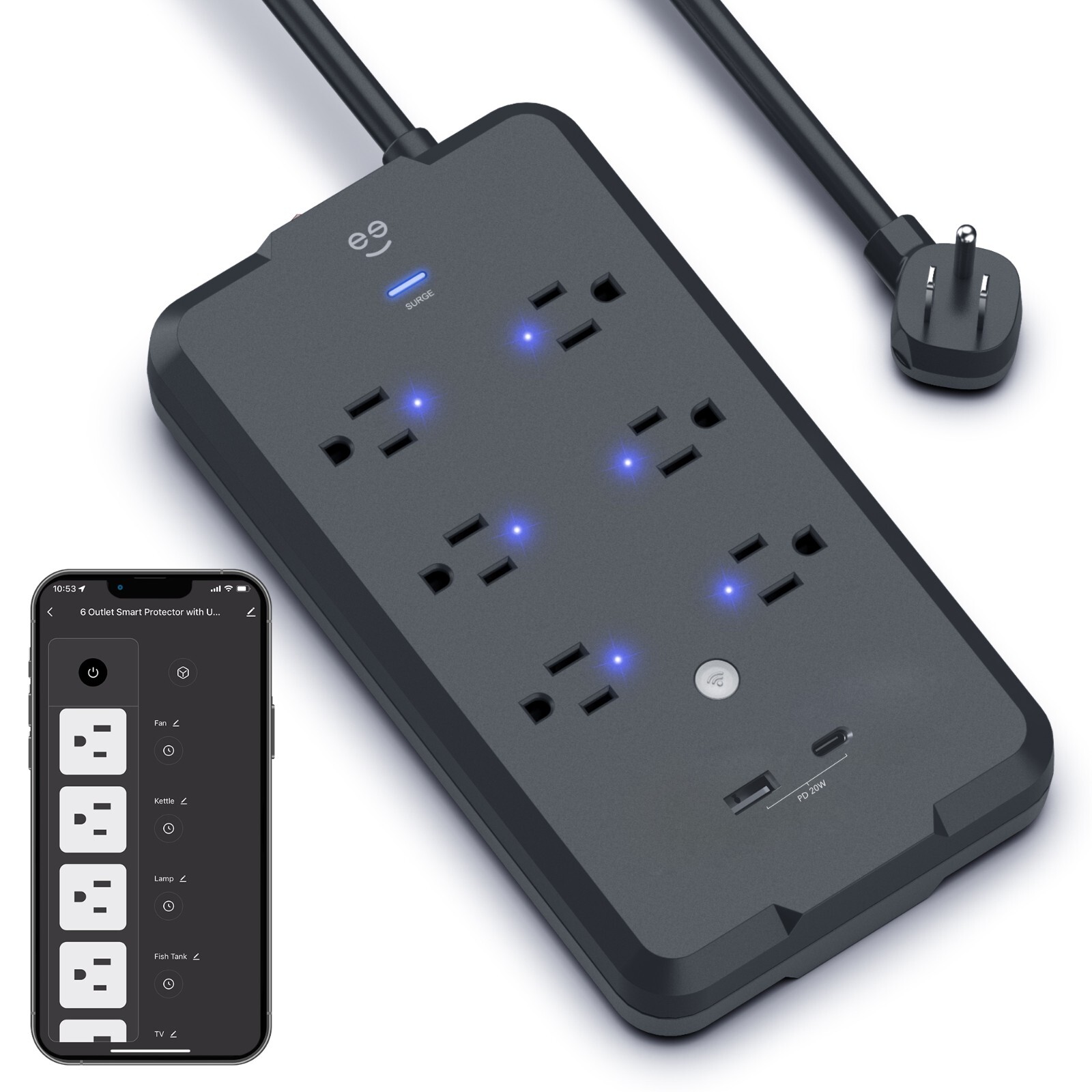 Geeni Surge Ultra Smart Surge Protector – 6 Outlets and 2 USB Ports 6 ft. Cord