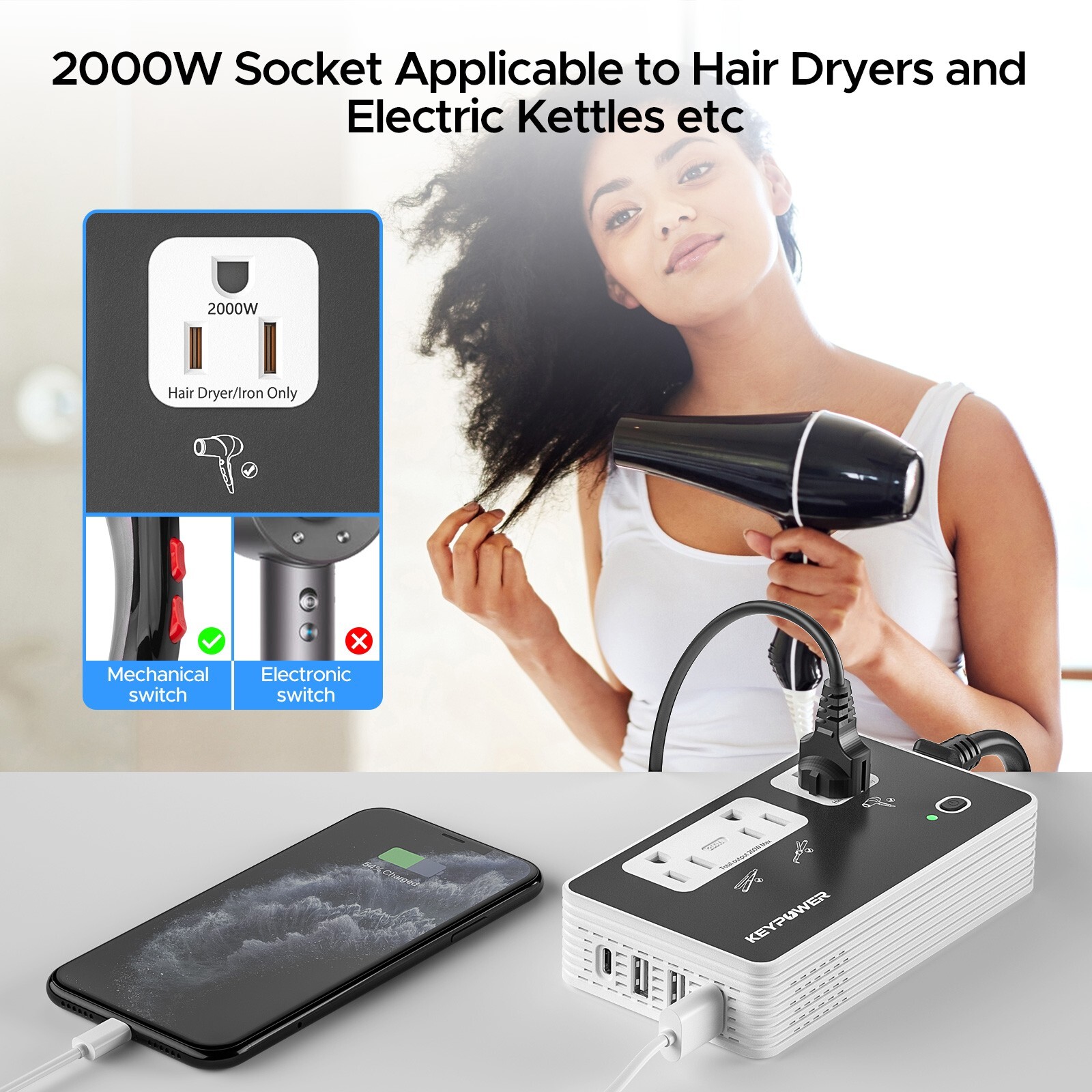 2000W Step Down Converter, 220V to 110V Voltage Converter with 3AC+4 USB(1USB C）