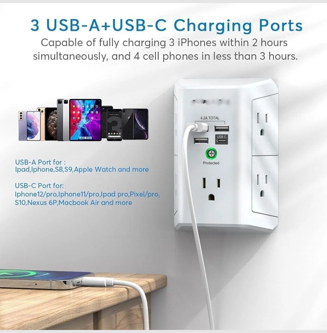 USB Wall charger .Multi port (5 plug-ins),3 USB, 1 USB-C, W/ Surge Protector.