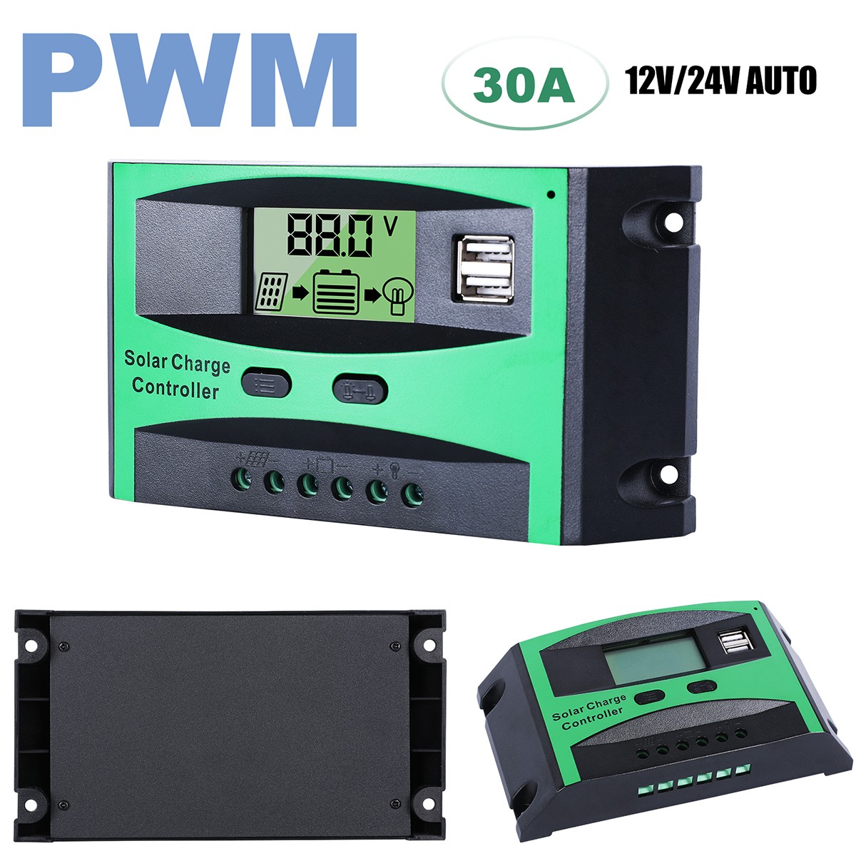 30A Solar Panel Battery Charge Controller 12V/24V LCD Regulator Auto Dual USB US