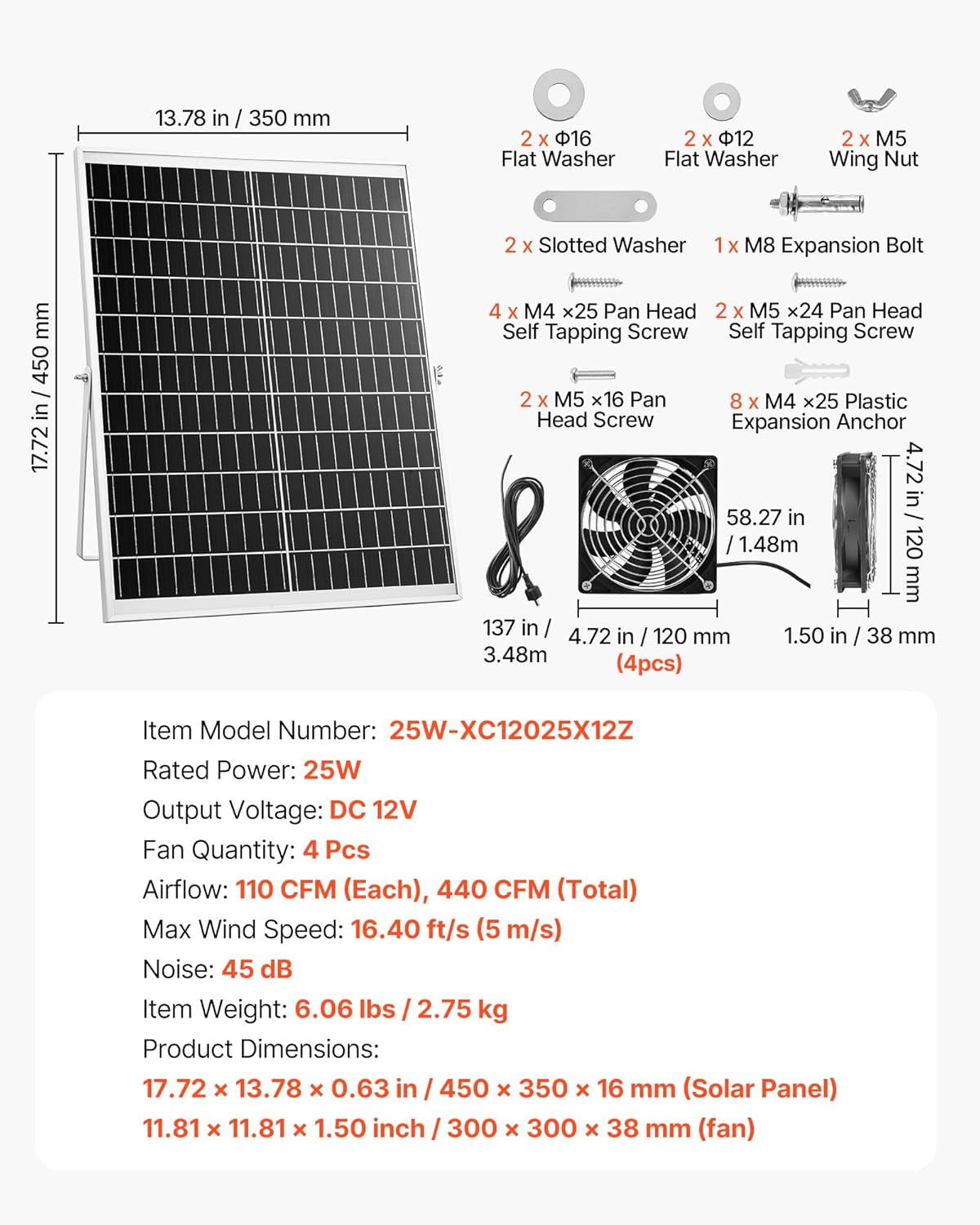 Solar Powered Fan, 25W Solar Panel with 4 Fans, Adjustable Solar Panel Angle, 26
