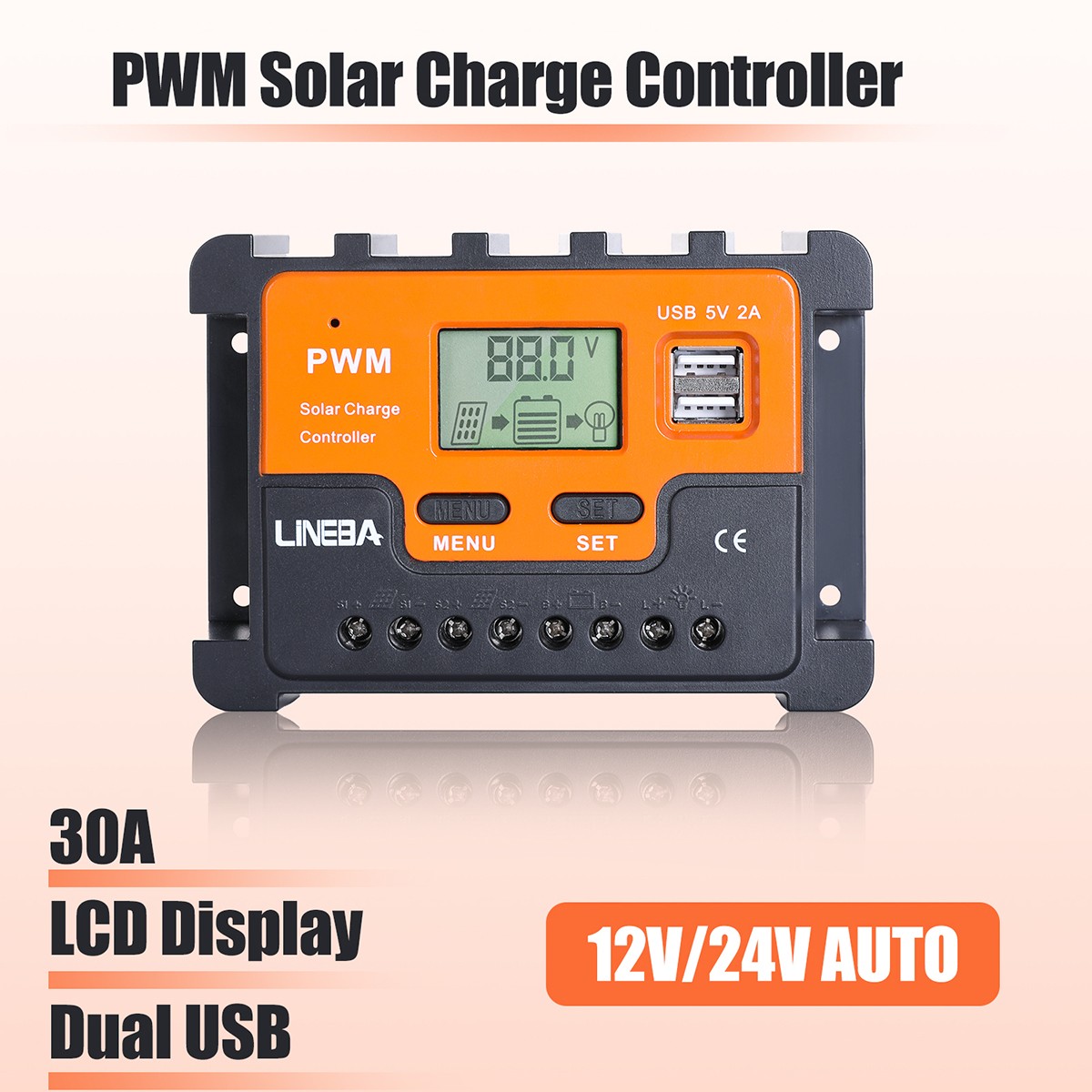 30A PWM Solar Charge Controller, 12V/24V Solar Panel Regulator for AGM Lithium